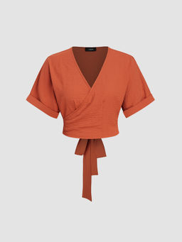 Cider - Miami Sunset Vacation V-Neck Wrap Knotted Crop Short Sleeve Top