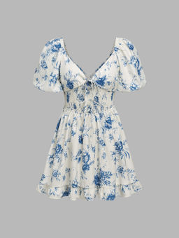 Cider - Santorini Beach Vacation V-Neck Floral Knotted Shirred Cut Out Mini Dress