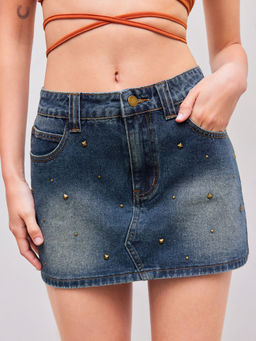 Cider - Denim Low Rise Rivet Solid Mini Skirt