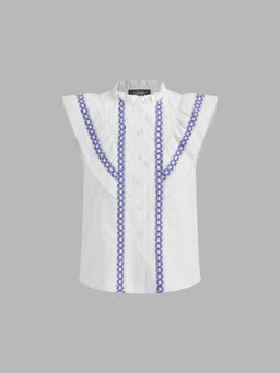 Cider - Cotton Stand Collar Crochet Contrasting Binding Short Sleeve Blouse Top