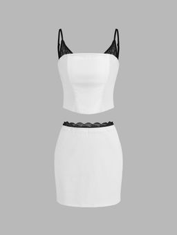 Cider - Lace Contrasting Binding Crop Cami Top & Lace Trim Mini Skirt (Set of 2)