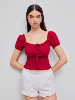 Cider - Square Neck Solid Knotted Knitted Short Sleeve Top