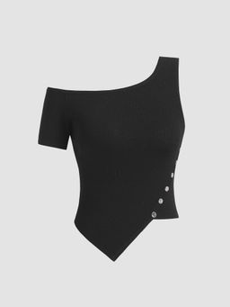 Cider - Asymmetrical Neck Rivet Solid Knitted Crop Top
