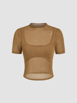 Cider - High Neck Solid Knitted Short Sleeve Top