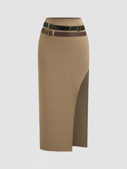 Cider - Woven Mid Rise Double Belted Split Mini Skirt