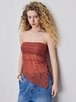 Cider - Texture Drawstring Asymmetrical Hem Tube Top
