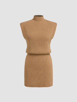 Cider - Knitted High Neck Solid Sleeveless Mini Dress