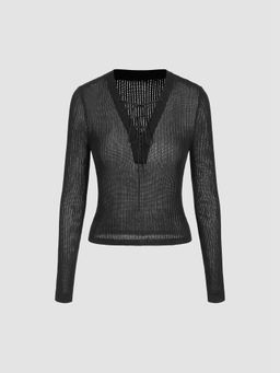 Cider - V-Neck Lace Up Solid Knitted Long Sleeve Top