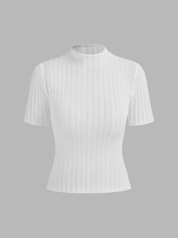 Cider - Knit High Neck Solid See-Through Short Sleeve Top