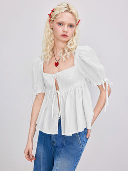 Cider - Square Neck Solid Knotted Shirred Short Sleeve Blouse Top