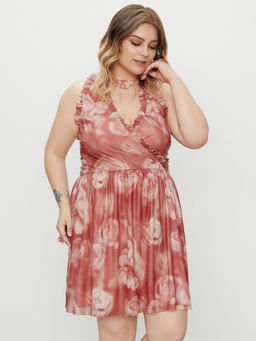 Cider - Mesh V-Neck Floral Lettuce Trim Ruffle Hem Mini Dress Curve & Plus