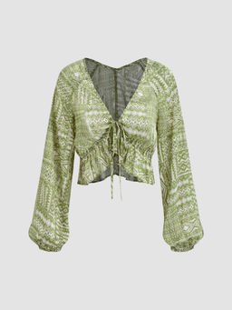 Cider - V-Neck Paisley Ruffle Trim Knotted Long Sleeve Blouse Top