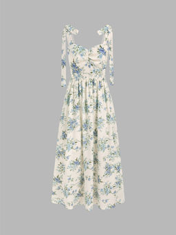 Cider - Santorini Beach Vacation V-Neck Bowknot Floral Ruffle Hem Midi Dress