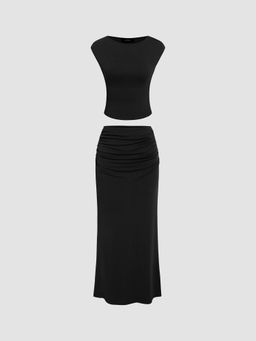 Cider - Solid Tank Top & Ruched Maxi Skirt (Set of 2)