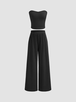 Cider - Strapless Solid Tube Top & Mid Rise Straight Leg Trousers (Set of 2)