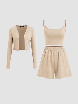 Cider - Round Neck Solid Cami Top & Straight Leg Shorts & Cardigan (Set of 2)