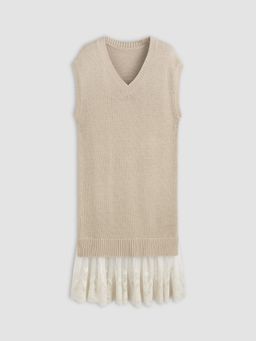 Cider - Knitted V-Neck Tulle Patchy Ruffle Hem Midi Dress