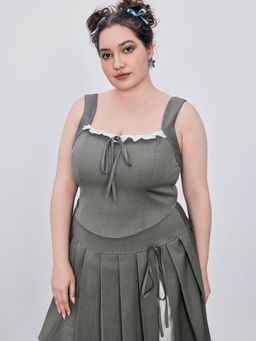 Cider - Square Neck Contrasting Lace Knotted Shirred Solid Crop Top Curve & Plus