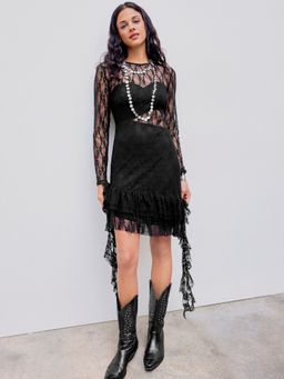 Cider - Lace Round Neck Floral Ruffle Mini Dress