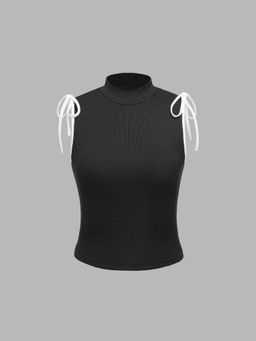 Cider - High Neck Contrasting Binding Knotted Solid Tank Top