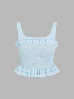 Cider - Square Neck Solid Shirred Ruffle Hem Crop Tank Top