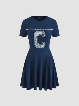 Cider - Round Neck C Graphic Lace Ruffle Hem Mini Dress