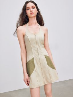 Cider - Halter Patchwork Zipper Mini Dress