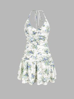 Cider - Halter V-Neck Floral Layered Ruffle Hem Mini Dress