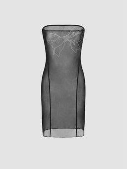 Cider - Mesh Rhinestone Bowknot Bandeau Cover Up Dress