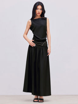 Cider - Woven Boat Neck Sleeveless Maxi Dress with Belt