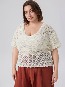 Cider - Knitted V-Neck Hollow Out Backless Tie Back Short Sleeve Top Curve & Plus