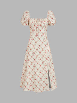 Cider - Floral Knotted Split Puff Sleeve Midi Dress