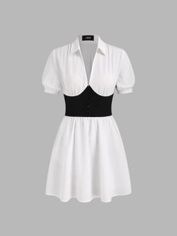 Cider - Collar V-Neck Two Tone Ruffle Solid Mini Dress