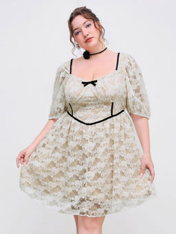 Cider - Lace Bowknot Ruffle Contrasting Binding Mini Dress Curve & Plus