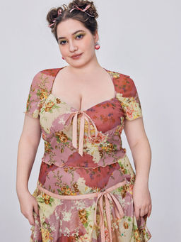 Cider - Mesh Sweetheart Floral Colorblock Bowknot Short Sleeve Top Curve & Plus