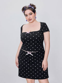 Cider - Heart Bowknot Square Neck Short Sleeve Top & Mini Skirt Curve & Plus (Set of 2)