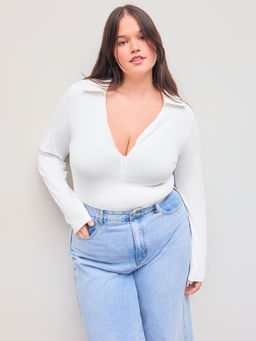 Cider - Collar Zipper Solid Long Sleeve Bodysuit Curve & Plus