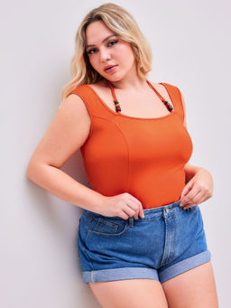 Cider - Square Neck Beaded Halter Solid Bodysuit Curve & Plus