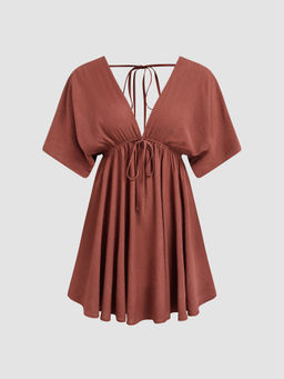 Cider - V-Neck Ruffle Hem Backless Knotted Middle Sleeve Mini Dress