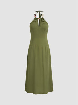 Cider - Woven Halter Solid Beaded Backless Maxi Dress