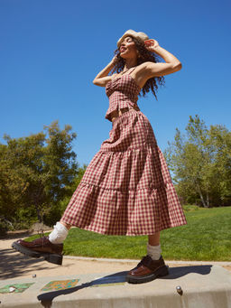 Cider - Woven High Rise Gingham Tiered Midi Skirt