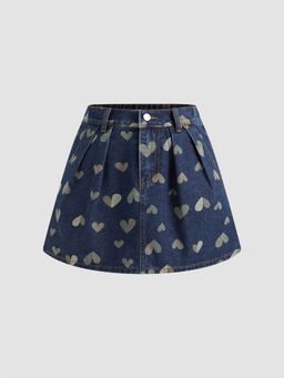 Cider - Denim High Rise Heart Print Mini Skirt