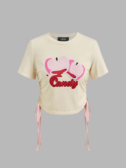Cider - Candy Round Neckline Apple Graphic Drawstring Short Sleeve Tee
