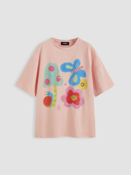 Cider - Round Neckline Butterfly & Flower Graphic Oversized Tee
