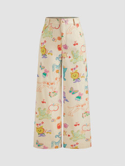 Cider - Corduroy Mid Rise Animal & Fruit Graphic Wide Leg Trousers