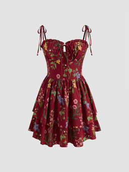 Cider - Woven Floral & Fruit Ruffle Hem Knotted Layered Mini Dress