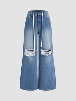 Cider - Denim Mid Rise Knotted Ripped Wide Leg Jeans