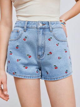 Cider - Denim Mid Rise Cherry Embroidery Straight Leg Micro Shorts
