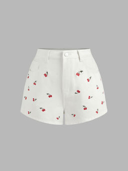 Cider - Denim Mid Rise Cherry Embroidery Straight Leg Micro Shorts