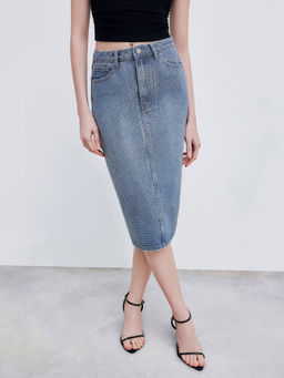 Cider - Denim High Rise Rhinestone Split Maxi Skirt